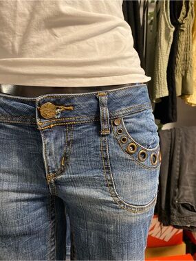 Foxy Jeans - Womens Blue Low-rise Skinny Denim with Grommet Detail